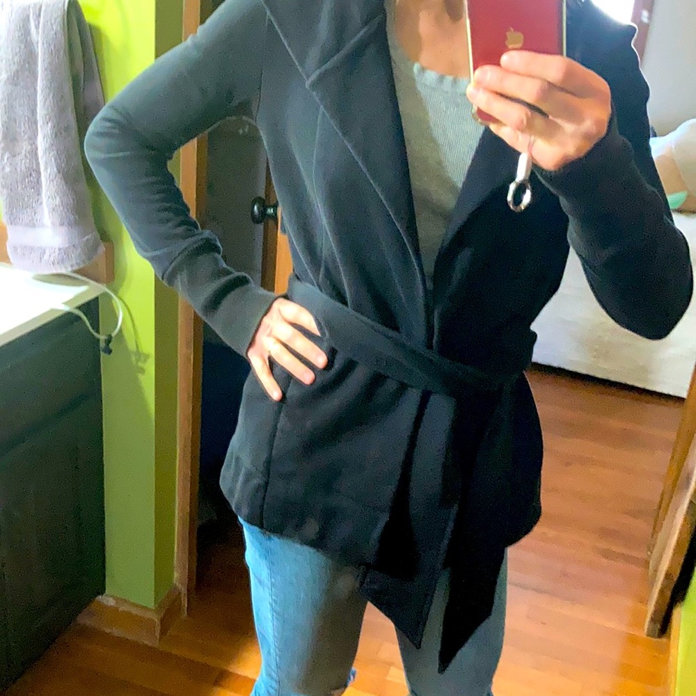 Black Hooded Wrap-Front Women's Top - Picture 3 of 7